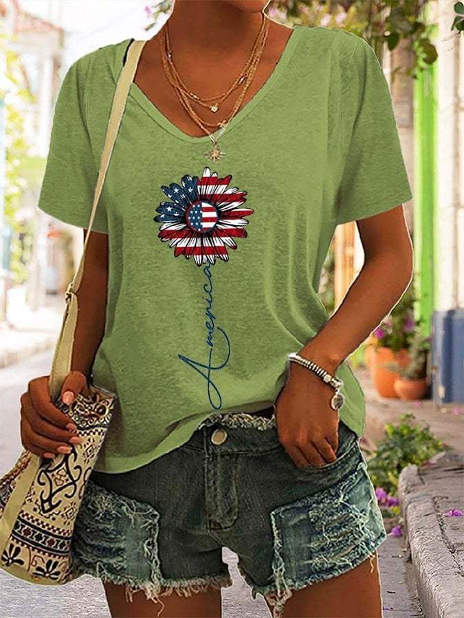 Women's Sunflower American Flag Print T-Shirt