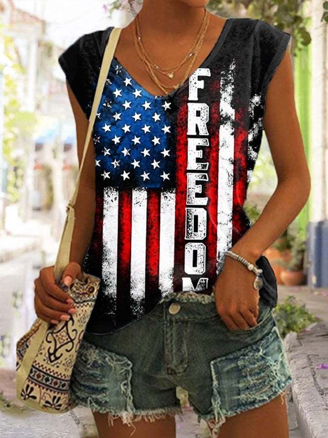 Women's FREEDOM Flag Print V-Neck T-Shirt