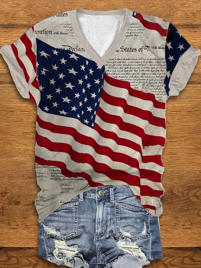 Women's Independence Day American Flag Print V-Neck Casual T-Shirt