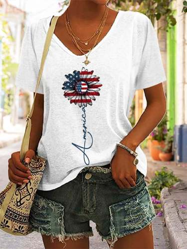 Women's Sunflower American Flag Print T-Shirt
