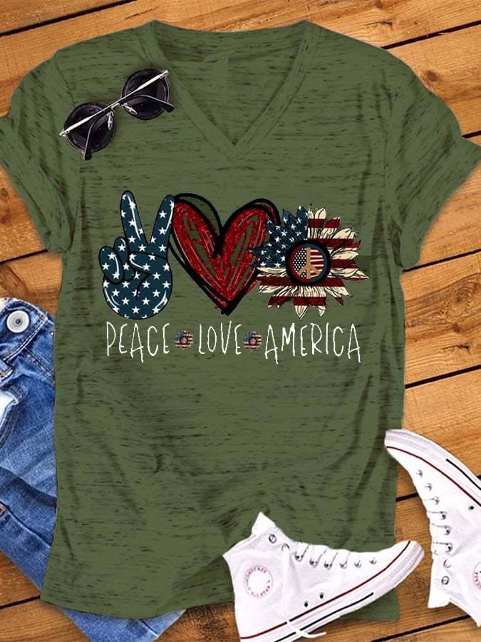 Women's V-neck PEACE LOVE AMERICAN Flag Printed Short Sleeve T-shirt