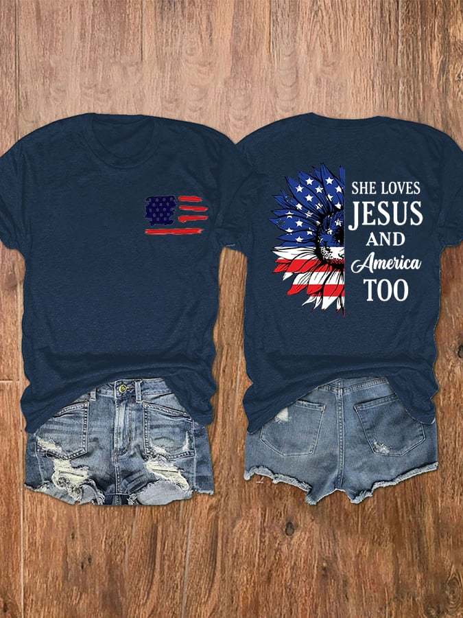 Women's Independence Day Loves Jesus And America American Flag Printed Tee