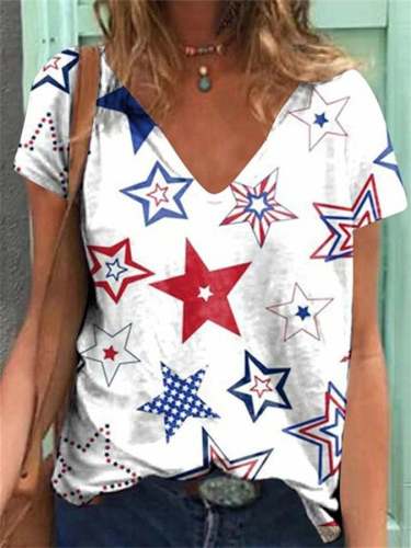 Women's American Flag Stars Stripes Print T-Shirt