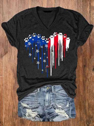 Women's Dog Paw American Flag Heart Print V-Neck T-Shirt