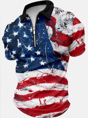 Men's Independence Day America Flag Pattern Print  Zipper Casual Short Sleeve Polo Top