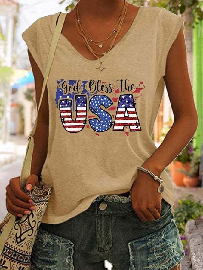 Women's God Bless The USA Flag Print Sleeveless T-Shirt