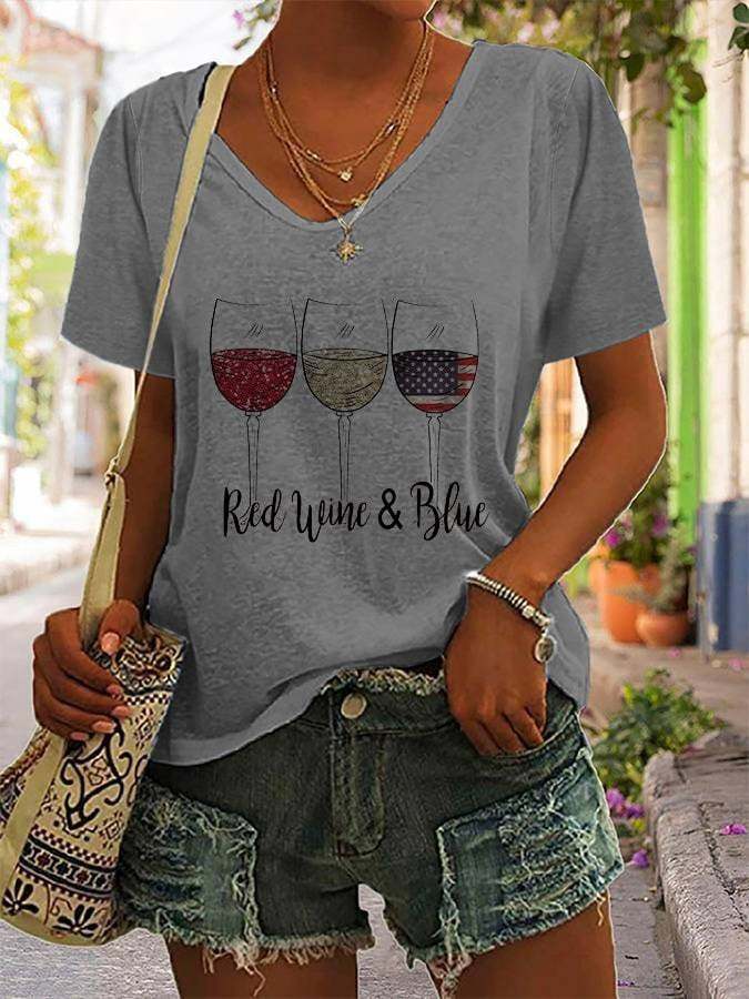 Women's Red Win Blue Wine Glass Flag Print V-Neck T-Shirt