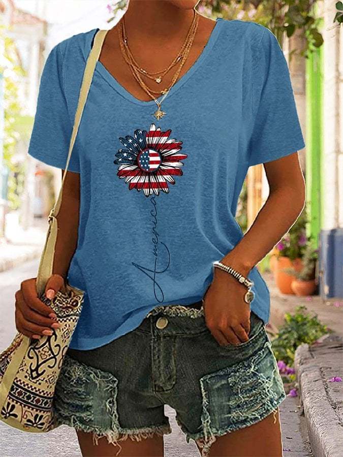 Women's Sunflower American Flag Print T-Shirt