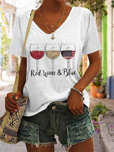 Women's Red Win Blue Wine Glass Flag Print V-Neck T-Shirt