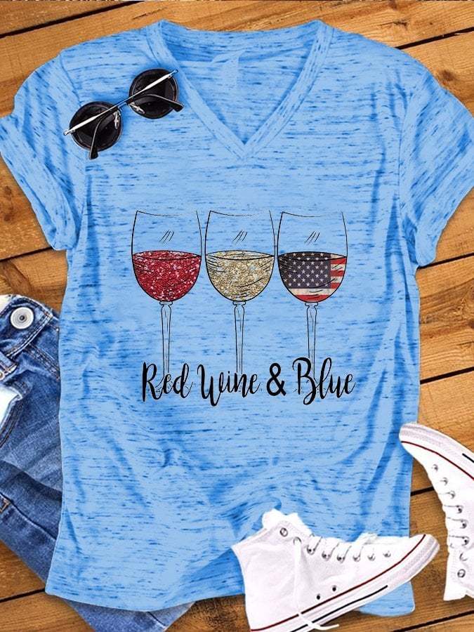 Women's Red Wine Blue Wine Glass Flag Print Snowflake Dot V-Neck Short Sleeve T-Shirt