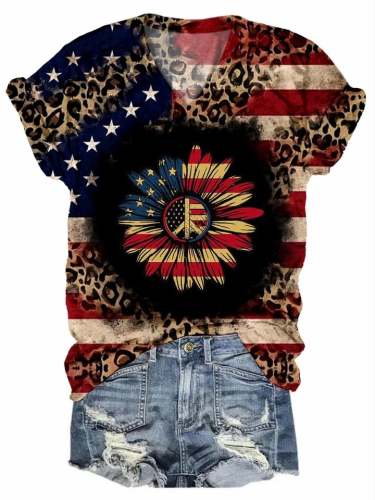 Women's Vintage American Flag Sunflower Print T-Shirt