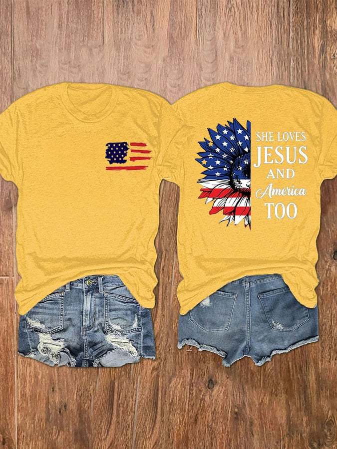 Women's Independence Day Loves Jesus And America American Flag Printed Tee