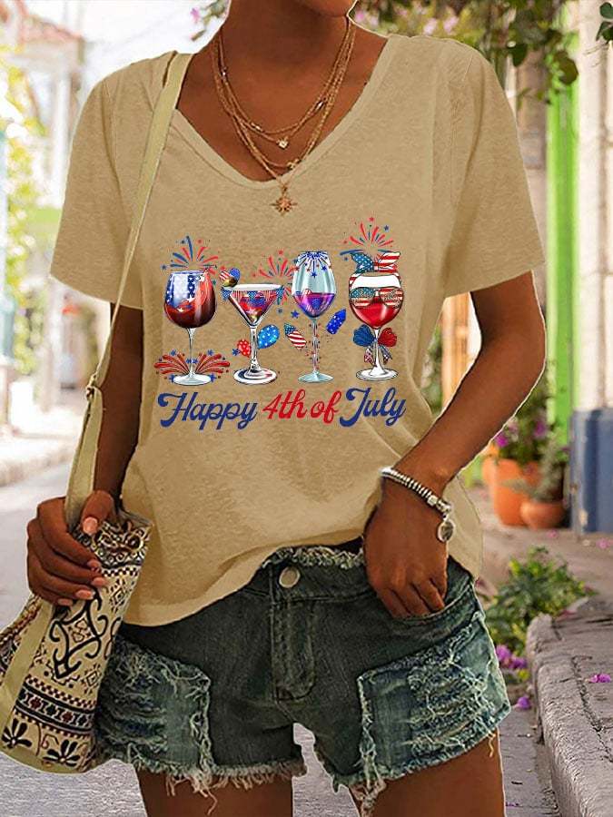 Women's Happy 4th Of July Red Wine Glass National Flag Print Casual T-Shirt