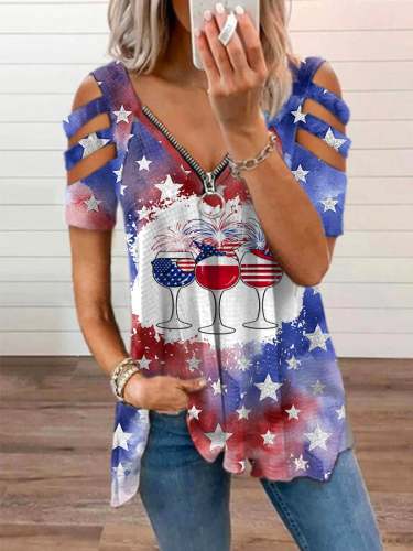 Women's Star Wine Glass Print V-Neck Zip Short Sleeve T-Shirt