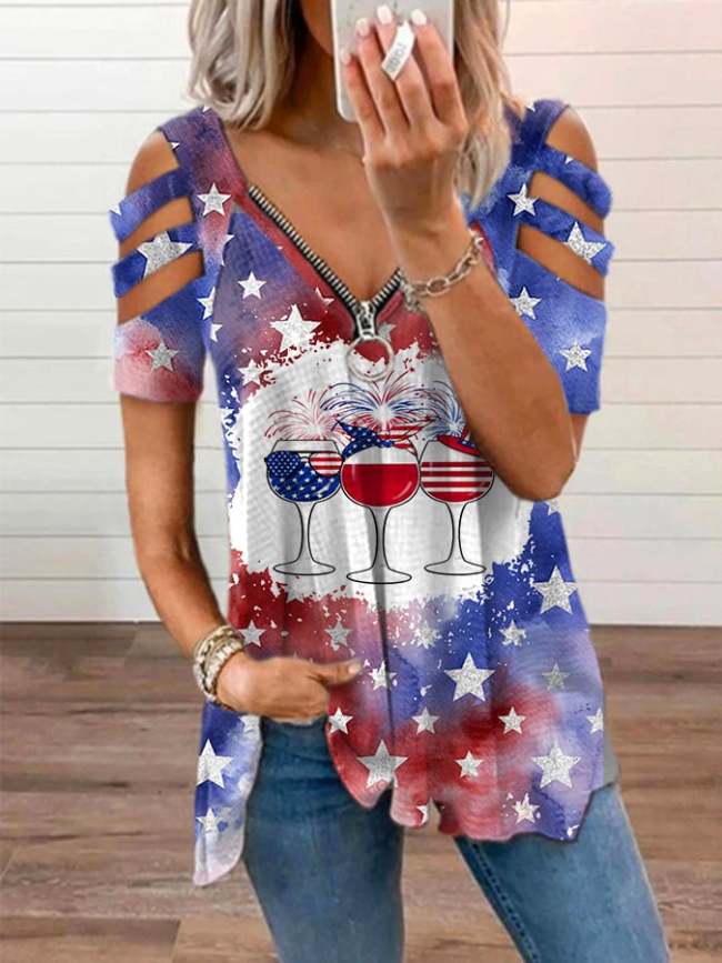 Women's Star Wine Glass Print V-Neck Zip Short Sleeve T-Shirt