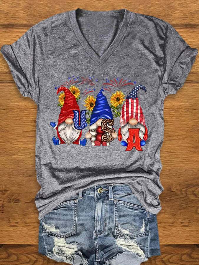 Women's 4th of July Fireworks Gnome Print T-shirt