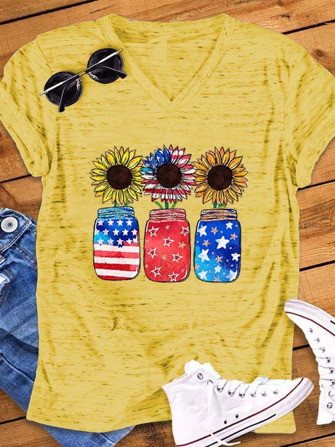 Women's 4th Of July Sunflowers Casual V-Neck Tee
