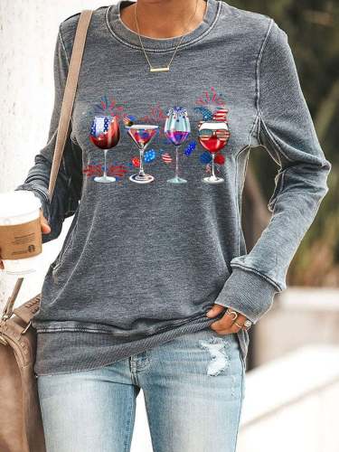 Women's Independence Day Red Wine Glass Flag Print Sweatshirt