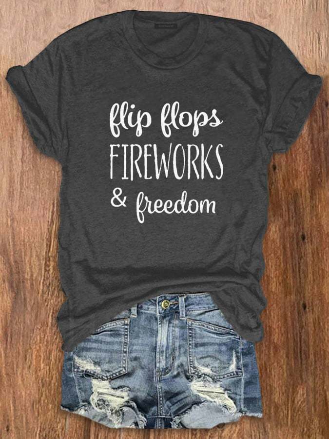 Women's Flip Flops Fireworks Freedom Independence Day Print Crew Neck T-Shirt