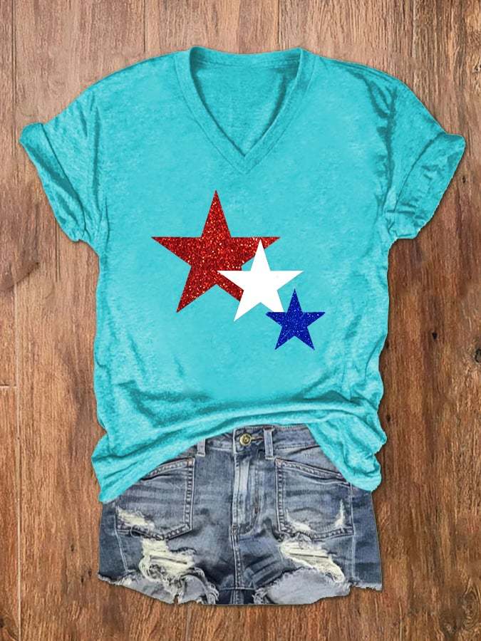 Women's 4th Of July Blue And White Star Print V-Neck T-Shirt