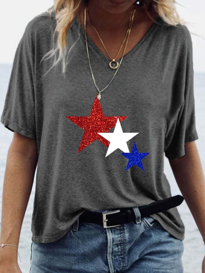 Women's 4th Of July Blue And White Star Print V-Neck Short Sleeve T-shirt