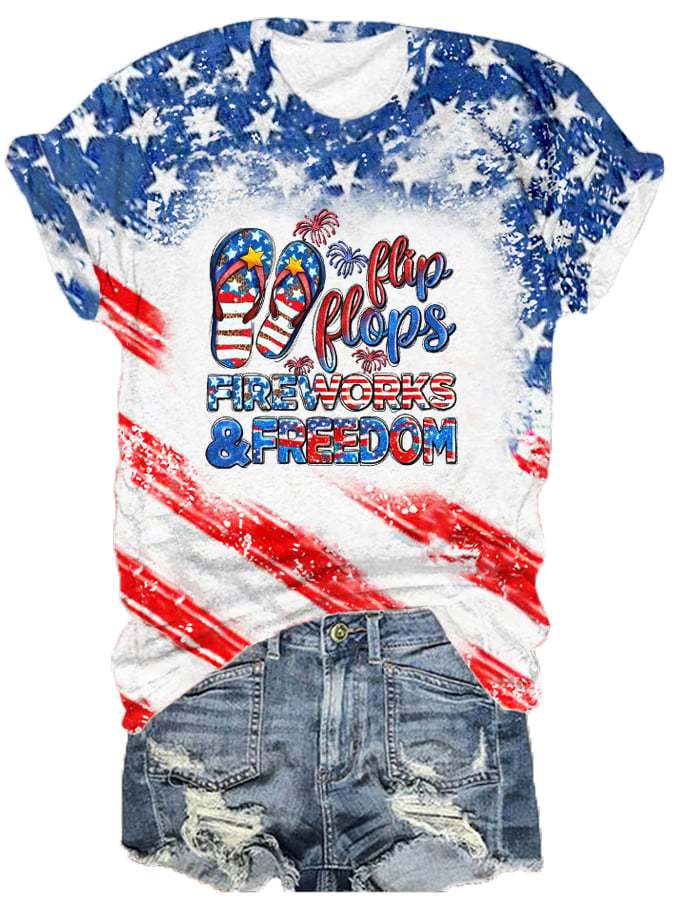 Women's Flip Flops Fireworks Freedom Independence Day Tie Dye Print T-Shirt