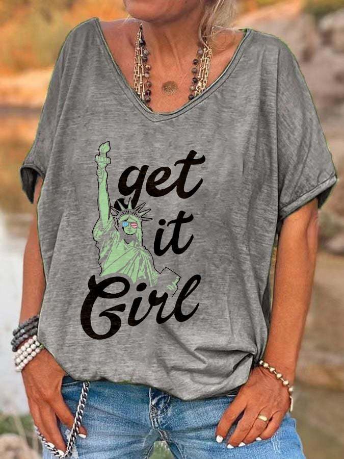 Retro V-neck Get It Girl Print T-Shirt