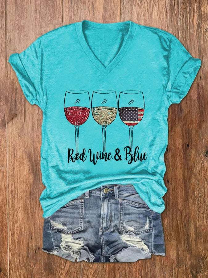 Women's Red Wine Blue Red Wine Glass Flag Print V-Neck Basic T-Shirt