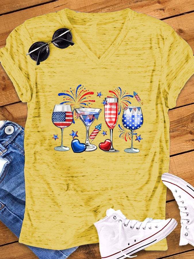 Women's Independence Day Red Wine Glass Flag Print Snow Spot V-Neck T-Shirt