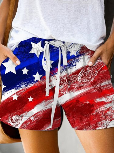 Women's American Flag Tie Dye Print Casual Fashion Lace Up Shorts