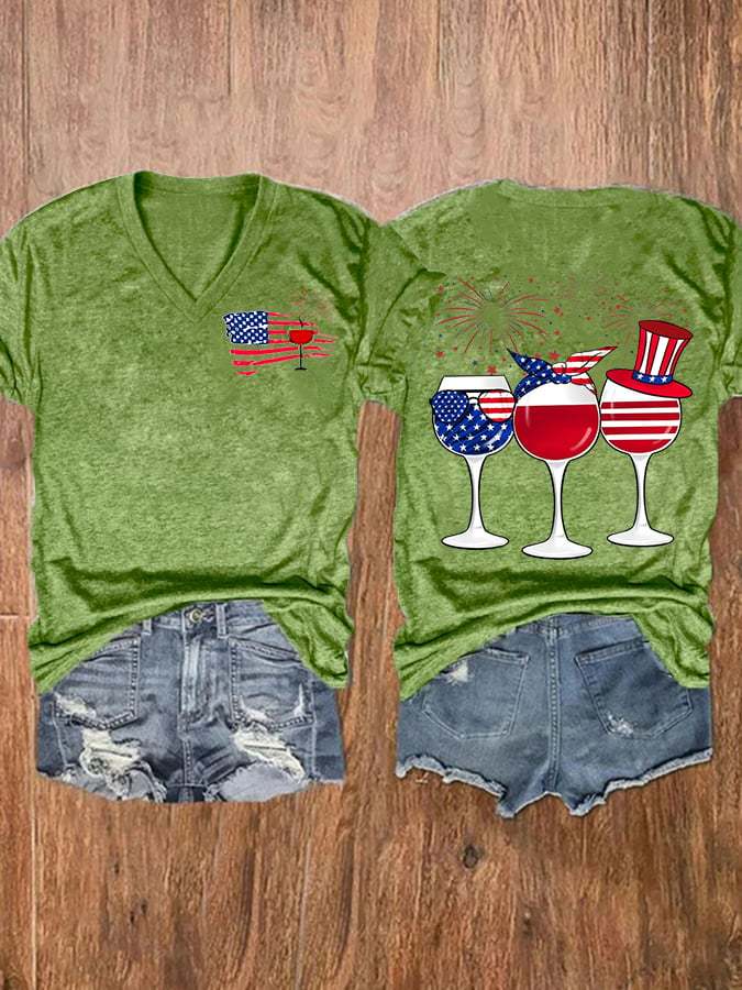 Women's American Flag Wine Glass Casual Print T-Shirt