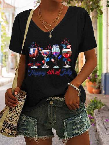 Women's Happy 4th Of July Red Wine Glass National Flag Print Casual T-Shirt