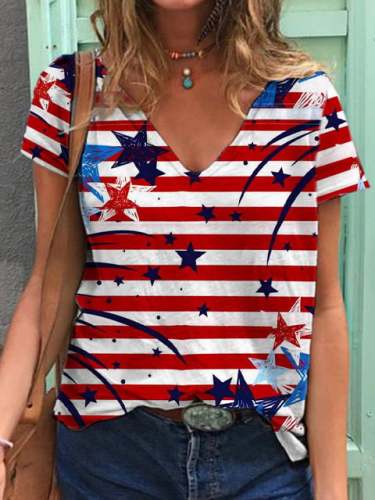 Women's Independence Day American Flag Print Short Sleeve V-Neck T-Shirt