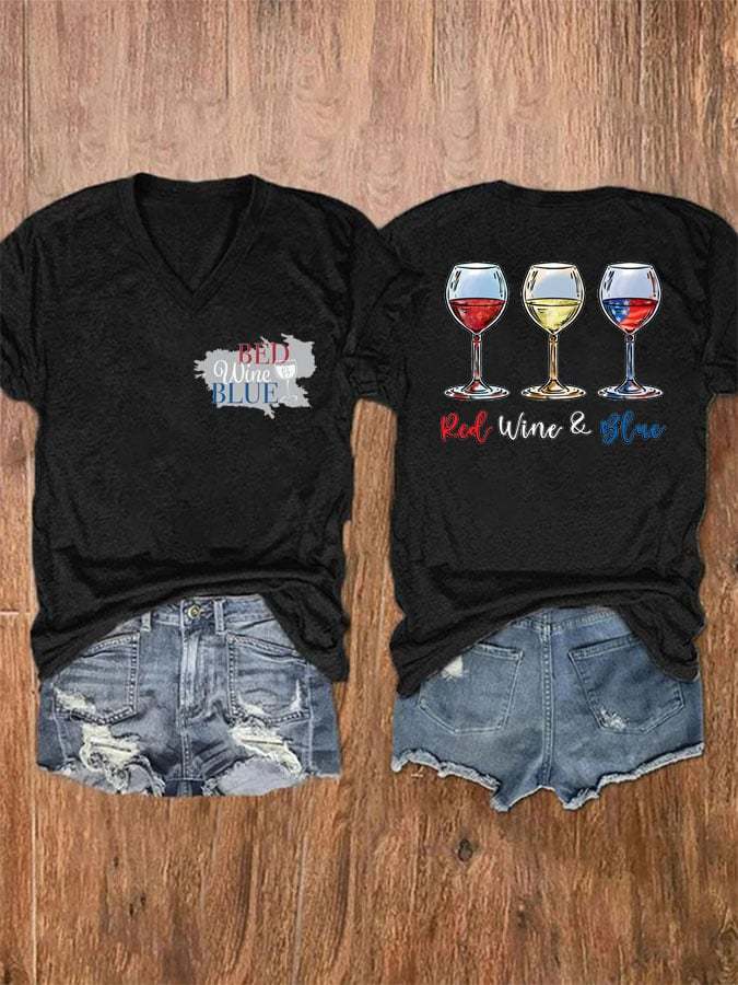 Red Wine And Blue Print Round Neck T-Shirt