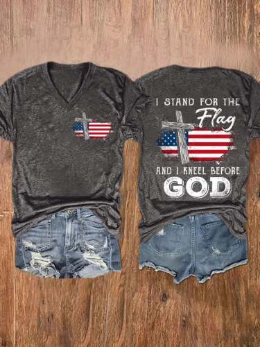I Stand For The Flag And I Kneel Before God V-Neck Casual T-Shirt