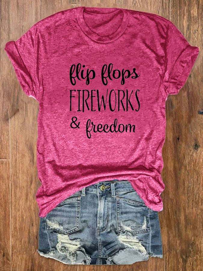 Women's Flip Flops Fireworks Freedom Independence Day Print Crew Neck T-Shirt