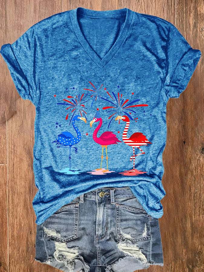 Women's Independence Day Flag Red Crowned Crane Print Casual T-Shirt