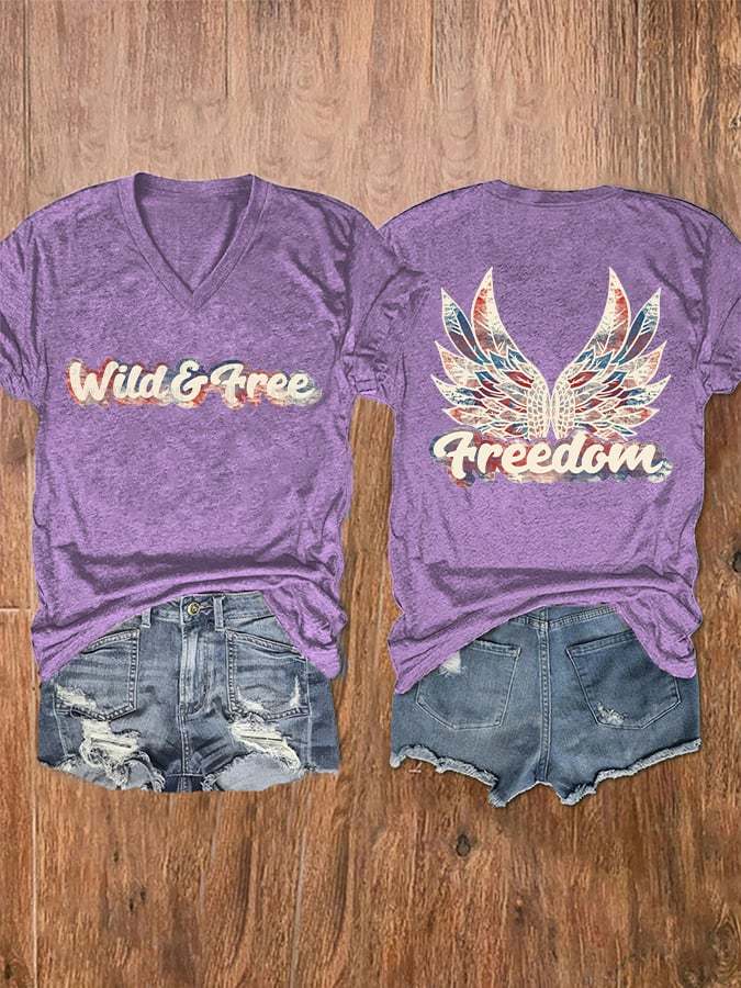 Women's free america print V-neck t-shirt