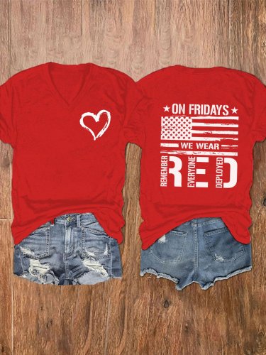 Women's On Friday We Wear Red Print V-Neck T-Shirt