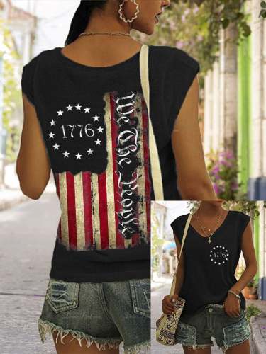 Women's Independence Day 1776 We The People Flag Print V-Neck Tank Top