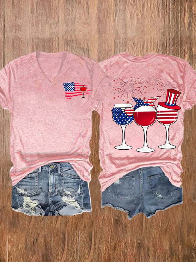 Women's American Flag Wine Glass Casual Print T-Shirt