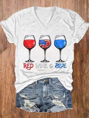 Women's Red Wine Blue 4th Of July Casual V-Neck Tee