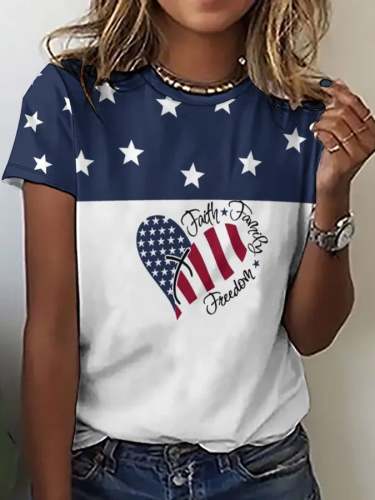 Women's Independence Day American Flag Print Faith Family Freedom Print Crew Neck T-shirt