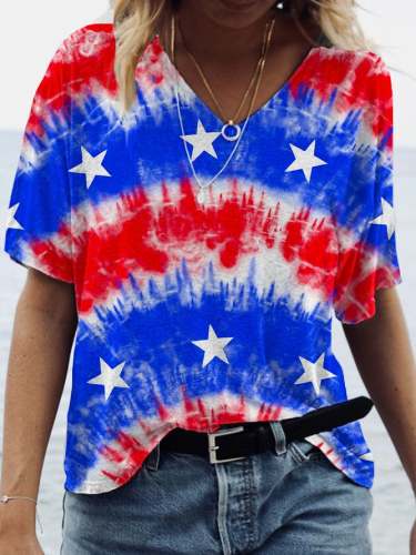 Women's Independence Day Red and Blue Stars Tie-Dye Print V-Neck T-Shirt