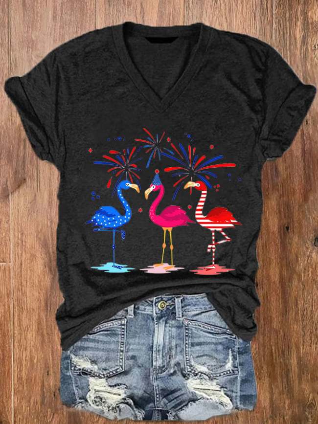 Women's Independence Day Flag Red Crowned Crane Print Casual T-Shirt