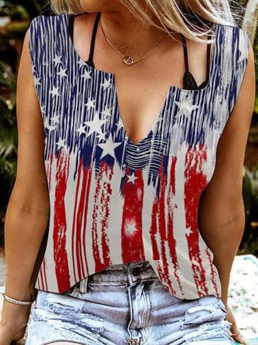Women's Independence Day Flag Print V Neck Top