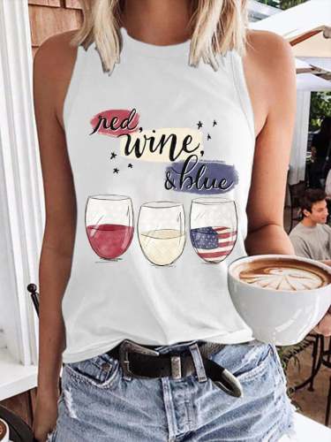 Red wine and blue Round Neck Sleeveless Tank Top