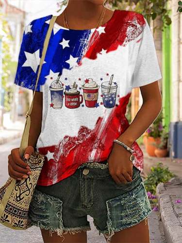 Women's 4th Of July Coffee Print Casual T-Shirt