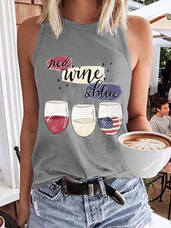 Red wine and blue Round Neck Sleeveless Tank Top