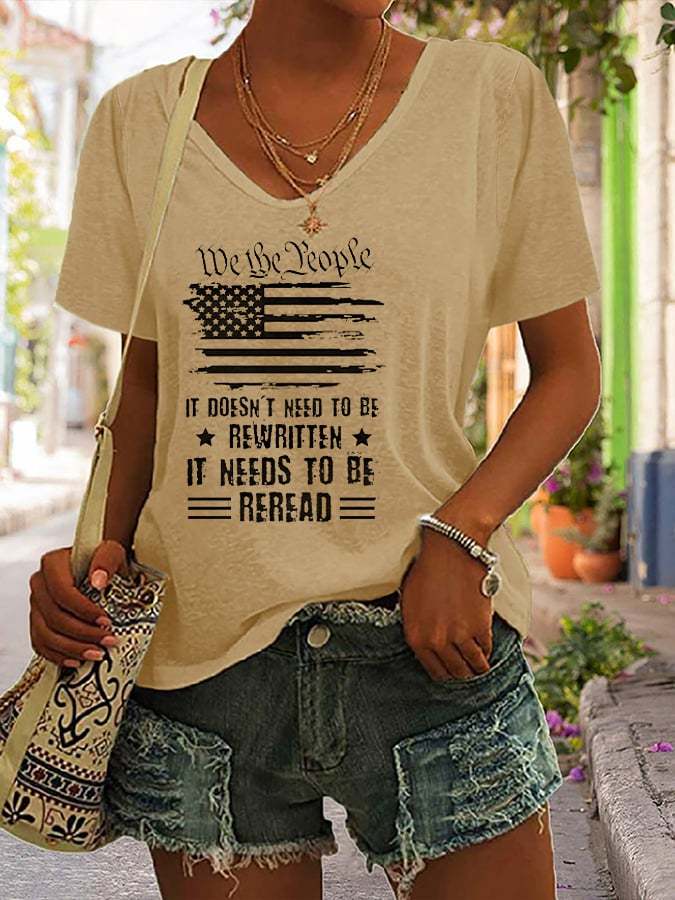 Women's Independence Day We The People America Flag Print V-Neck T-Shirt